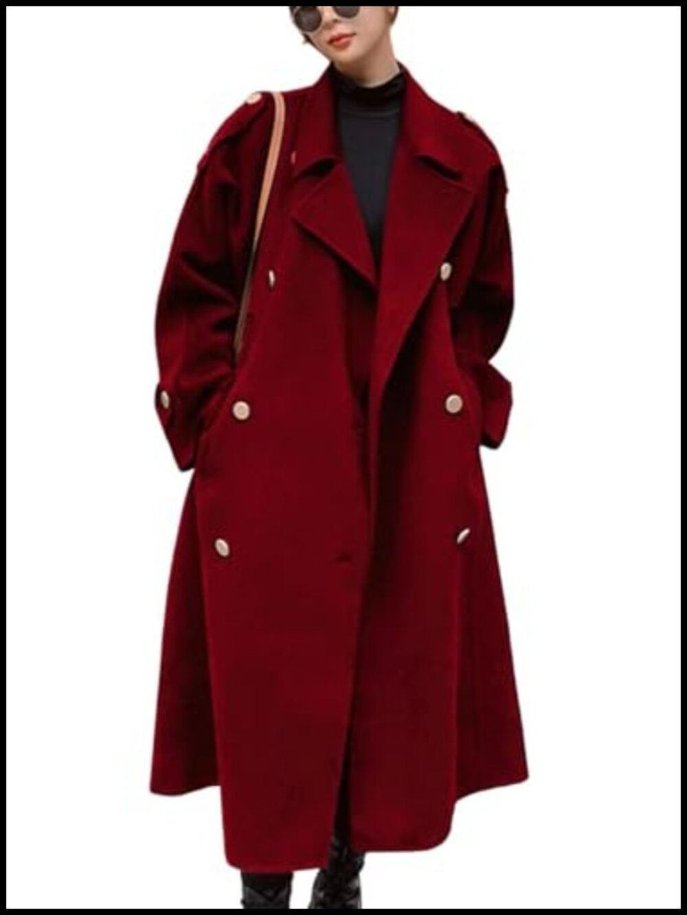 Women's Double Breasted Midi Wool Pea Coat Notch Lapel Winter Trench Coat